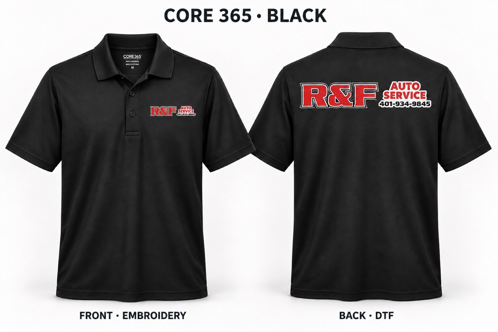 Black R&F Core 365 polo with front embroidery and a back DTF print